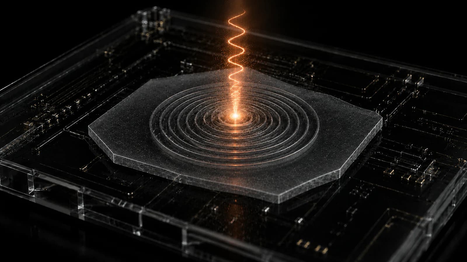 Illustration of a bullseye-cavity emitter on a chip substrate.